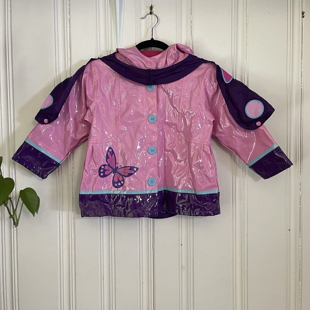Western Chief Kids Girls Hooded Pink Butterfly Rain Coat Jacket Button Size 5/6